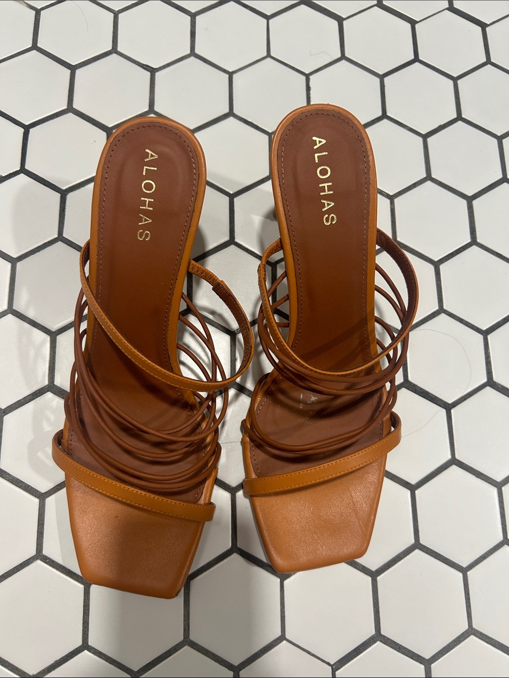 ALOHAS Cognac/orange Multi-Strap Square-Toe Heeled Sandals